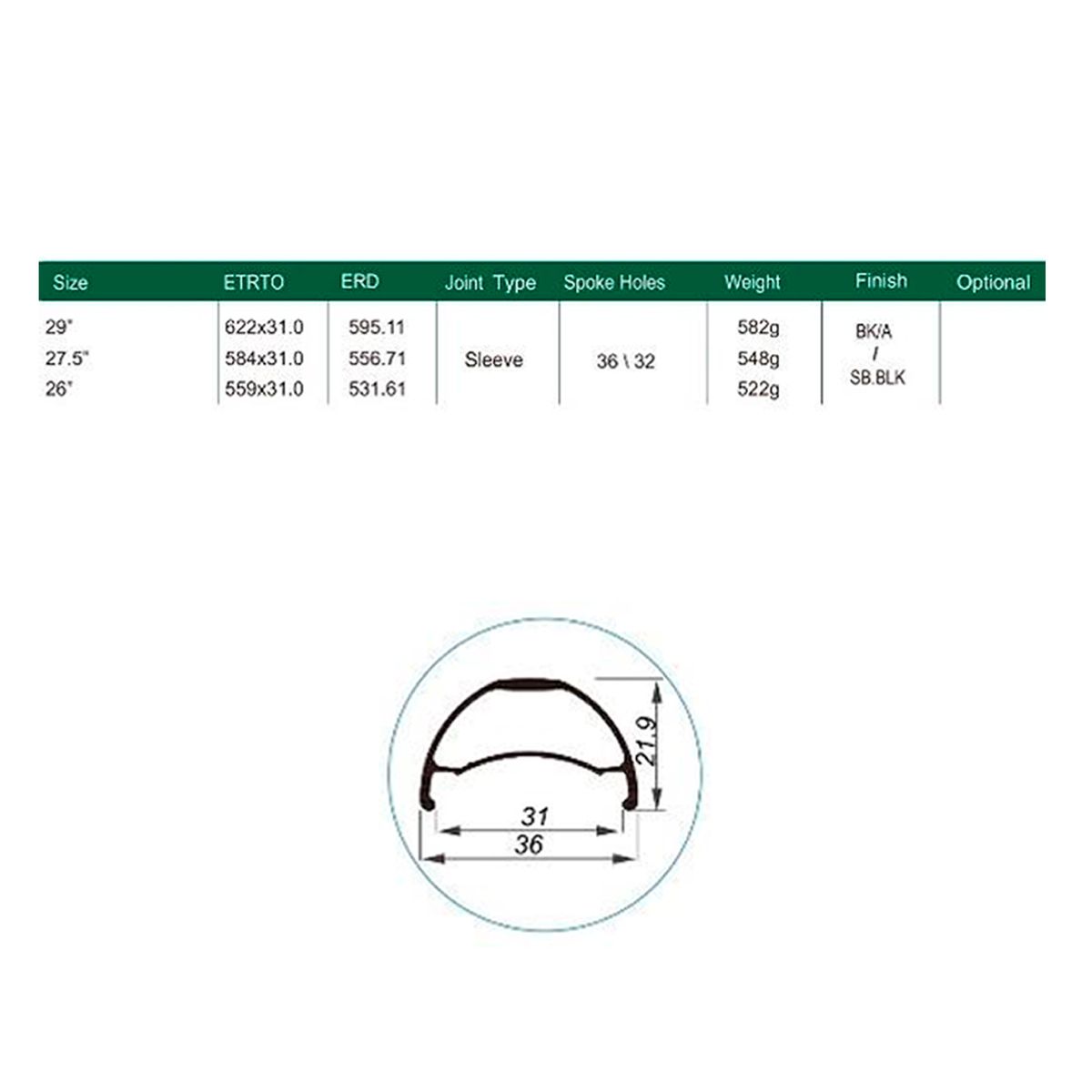 Llanta U36 TL 29 32H Presta Con Ojetillos
