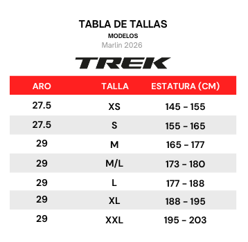 Guía de tallas para Bicicleta Mountain Bike Marlin 5 Gen 3 2026 Aro 29