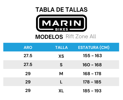 Guía de tallas para Bicicleta Doble suspensión Rift Zone Carbon 1 Aro 29