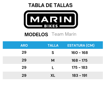Guía de tallas para Bicicleta Mountain Bike Team Marin 1 Aro 29
